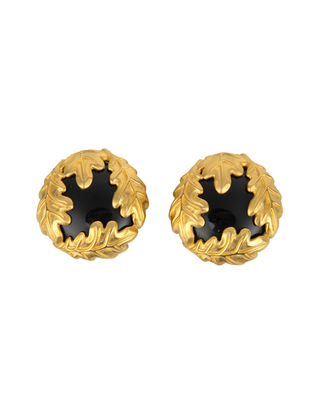 Givenchy Vintage Massive Black and Golden Satin Leaf Earrings