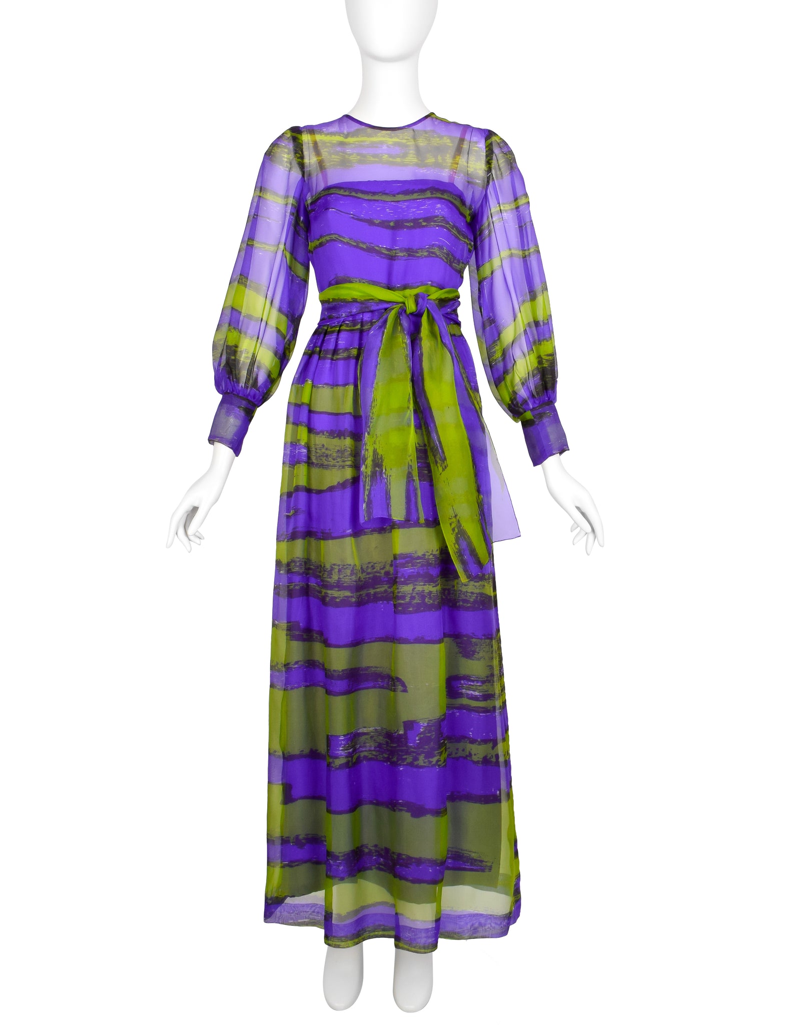 Givenchy Haute Couture Vintage SS 1970 Purple Green Sheer Silk Organza Gown