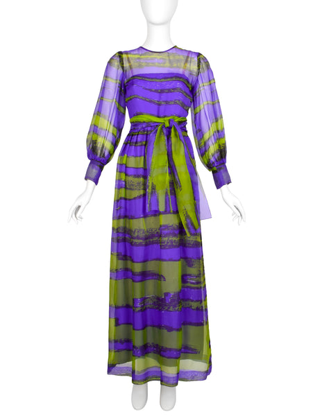 Givenchy Haute Couture Vintage SS 1970 Purple Green Sheer Silk Organza Gown