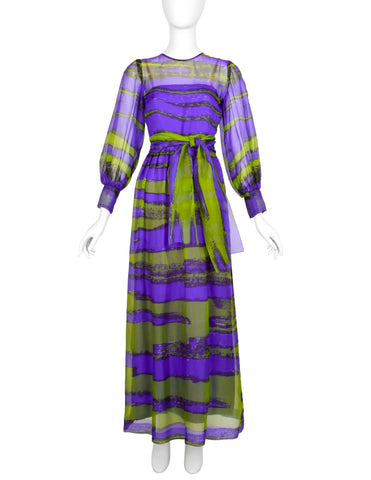 Givenchy Haute Couture Vintage SS 1970 Purple Green Sheer Silk Organza Gown
