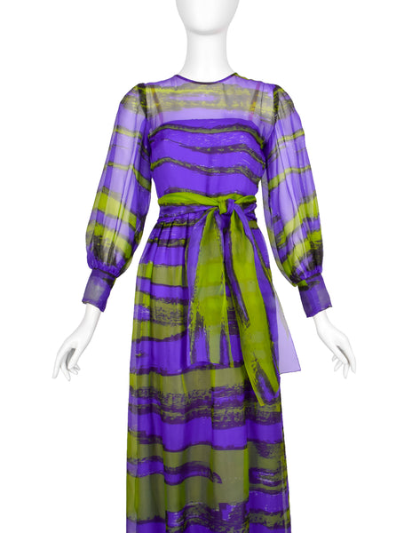 Givenchy Haute Couture Vintage SS 1970 Purple Green Sheer Silk Organza Gown