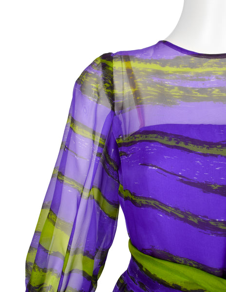 Givenchy Haute Couture Vintage SS 1970 Purple Green Sheer Silk Organza Gown
