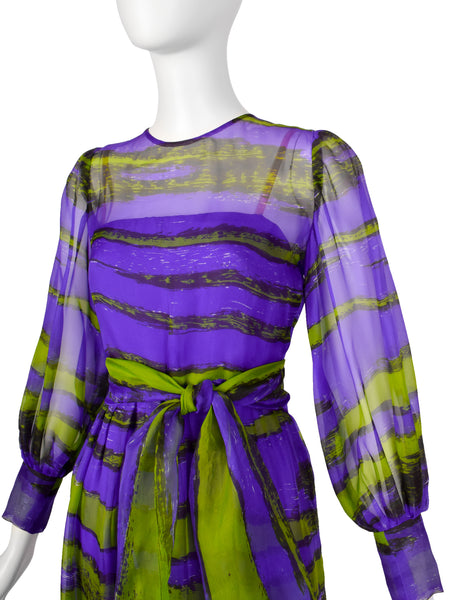 Givenchy Haute Couture Vintage SS 1970 Purple Green Sheer Silk Organza Gown