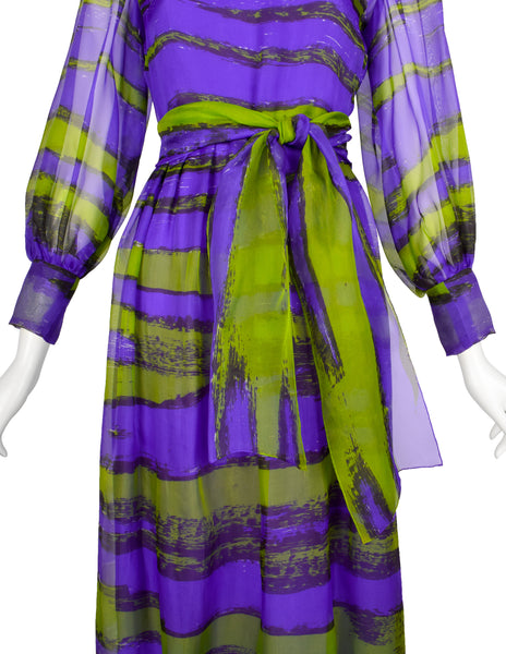 Givenchy Haute Couture Vintage SS 1970 Purple Green Sheer Silk Organza Gown