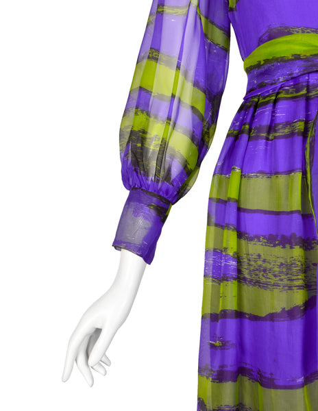 Givenchy Haute Couture Vintage SS 1970 Purple Green Sheer Silk Organza Gown