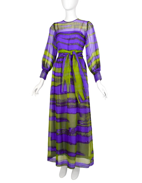 Givenchy Haute Couture Vintage SS 1970 Purple Green Sheer Silk Organza Gown