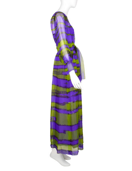 Givenchy Haute Couture Vintage SS 1970 Purple Green Sheer Silk Organza Gown