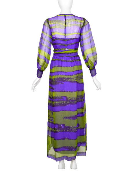 Givenchy Haute Couture Vintage SS 1970 Purple Green Sheer Silk Organza Gown