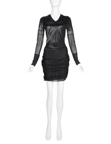 Helmut Lang Vintage 1992 Liquid Stretch Sheer Paneled Diamond Stitched Dress