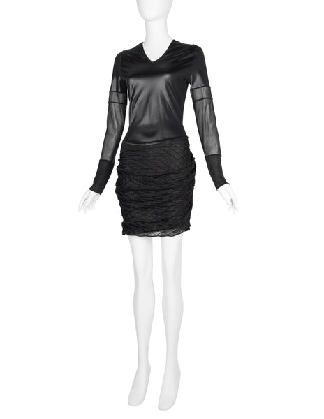 Helmut Lang Vintage 1992 Liquid Stretch Sheer Paneled Diamond Stitched Dress