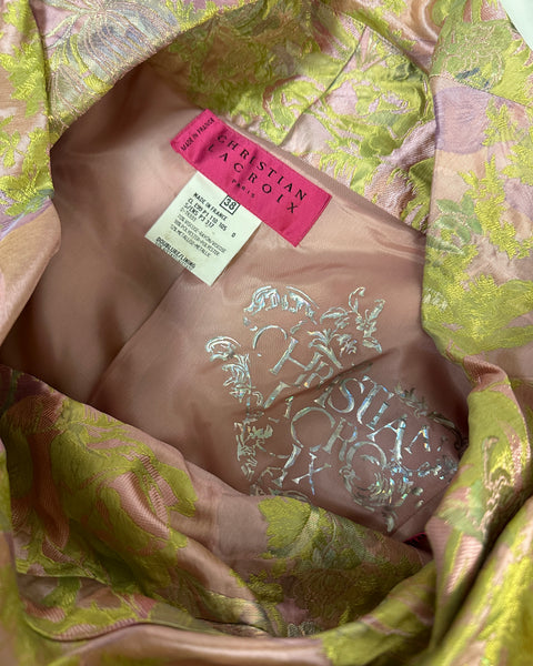 Christian Lacroix Vintage SS 1999 Pink Green Metallic Iridescent Floral Brocade Embroidered Satin Jacket Top