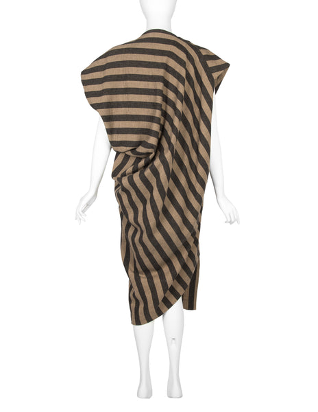 Issey Miyake AW 1984 Beige and Grey Striped Draping Conceptual Dress