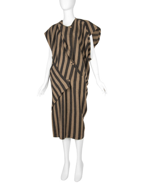 Issey Miyake AW 1984 Beige and Grey Striped Draping Conceptual Dress