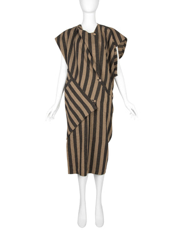 Issey Miyake AW 1984 Beige and Grey Striped Draping Conceptual Dress