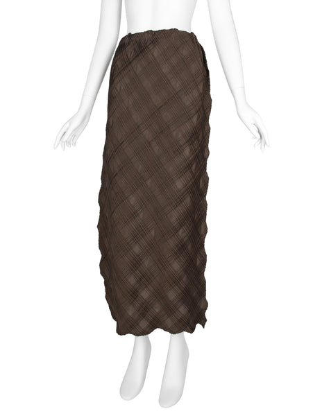 Issey Miyake Vintage Deep Olive Brown Iridescent Cross Pleated Off-Set Skirt