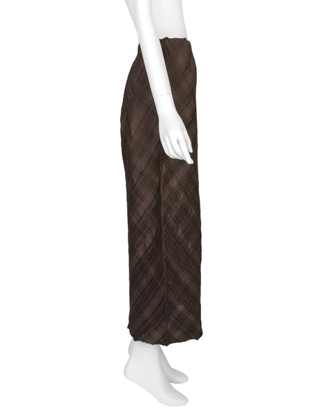Issey Miyake Vintage Deep Olive Brown Iridescent Cross Pleated Off-Set Skirt