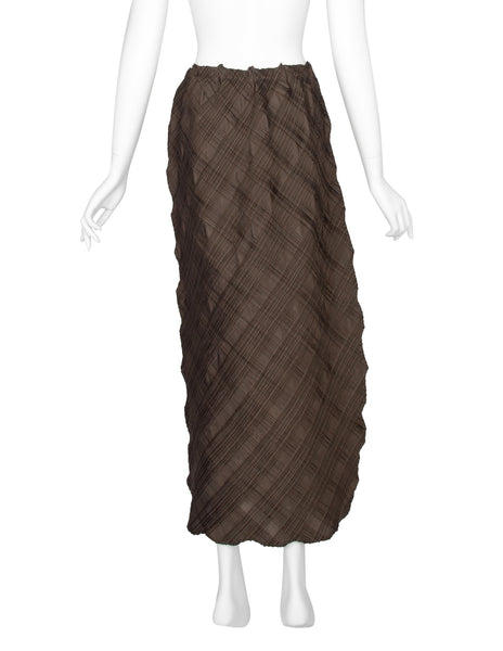 Issey Miyake Vintage Deep Olive Brown Iridescent Cross Pleated Off-Set Skirt