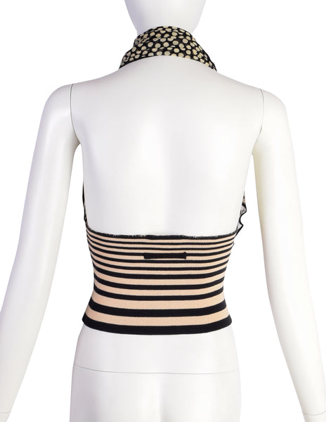 Jean Paul Gaultier Vintage Black Beige Dot Mesh Stripe Knit One Shoulder Halter Top