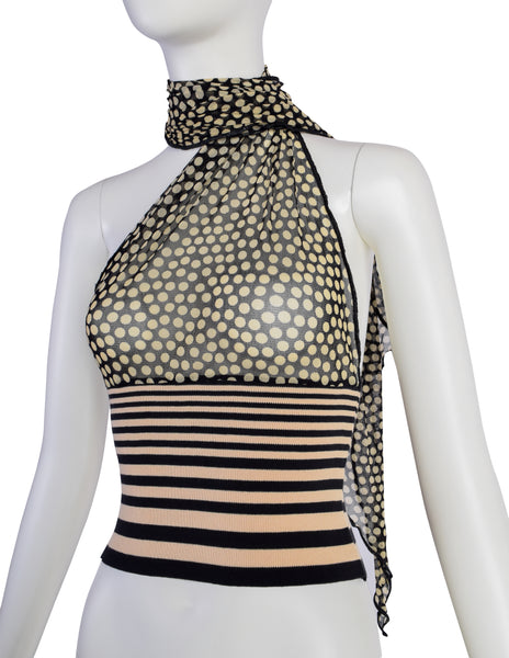 Jean Paul Gaultier Vintage Black Beige Dot Mesh Stripe Knit One Shoulder Halter Top