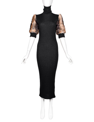 Jean Paul Gaultier Vintage AW 1993 Black Sparkly Knit Faux Fur Sleeve Dress