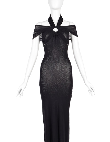 Jean Paul Gaultier Vintage SS 1999 Black Mesh Banded Bodycon Halter Maxi Dress