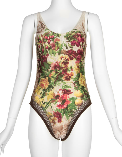 Jean Paul Gaultier Vintage SS 1999 Botanical Floral Print and Fishnet Swimsuit
