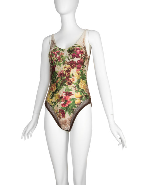 Jean Paul Gaultier Vintage SS 1999 Botanical Floral Print and Fishnet Swimsuit