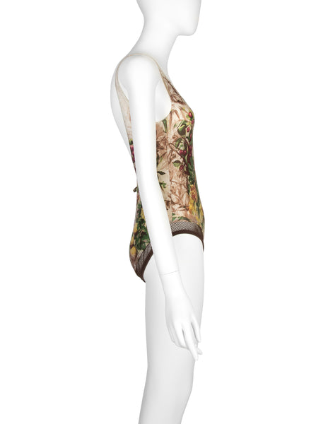 Jean Paul Gaultier Vintage SS 1999 Botanical Floral Print and Fishnet Swimsuit