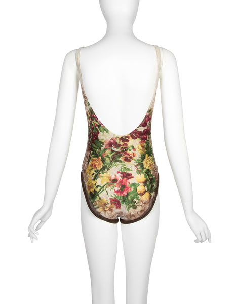Jean Paul Gaultier Vintage SS 1999 Botanical Floral Print and Fishnet Swimsuit
