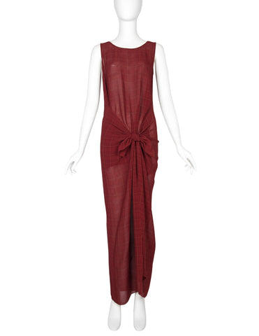Jean Paul Gaultier Vintage SS 1994 'Les Tatouages' Collection Sheer Burgundy Plaid Knotted Wrap Dress