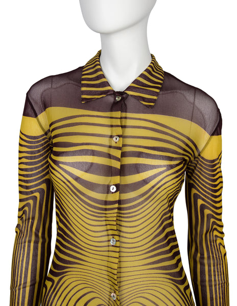 Jean Paul Gaultier Vintage SS 1996 Iconic Original Cyber Baba Yellow and Brown Sheer Mesh Top