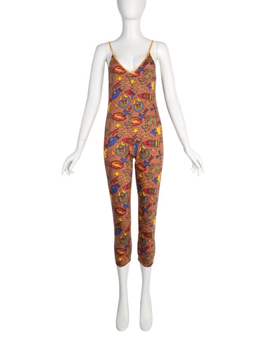 Jean Paul Gaultier Vintage SS 1985 Multicolor Graphic Novelty Print Cotton Jumpsuit