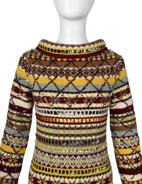 Jean Paul Gaultier AW 1999 Multicolor Fair Isle Sequin Embellished Knit Maxi Sweater Dress