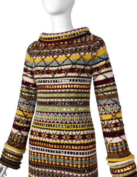 Jean Paul Gaultier AW 1999 Multicolor Fair Isle Sequin Embellished Knit Maxi Sweater Dress