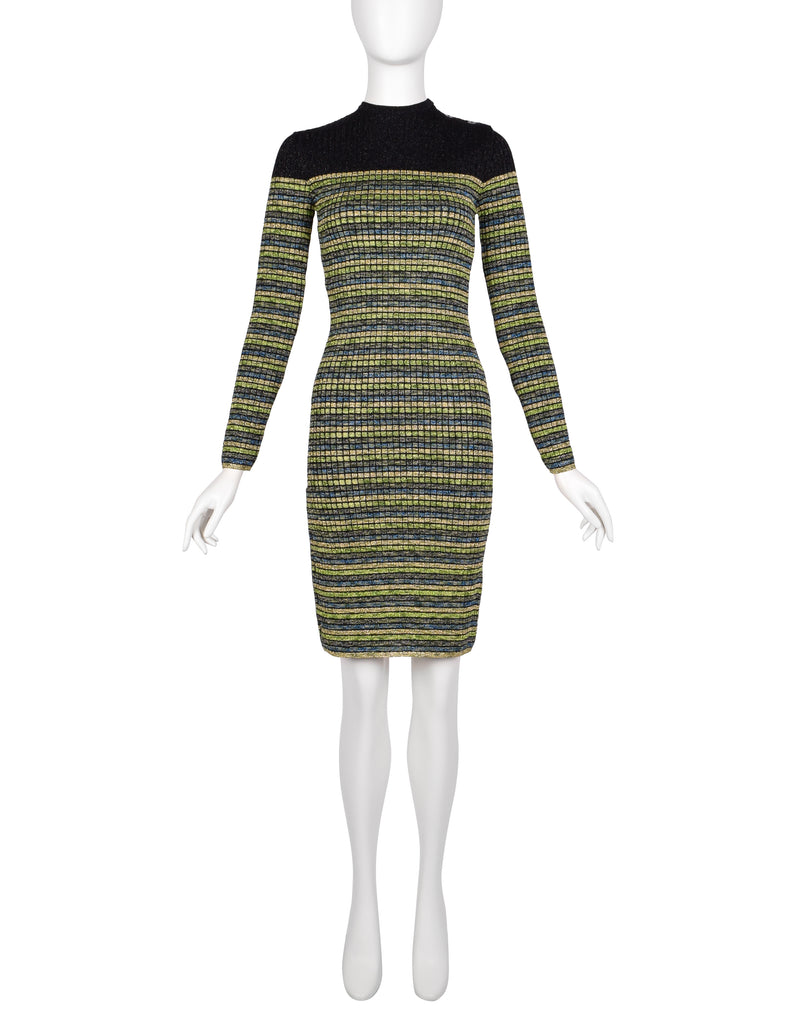Jean Paul Gaultier Vintage AW 1990 Green Blue Black Gold Sparkly Strip Amarcord Vintage Fashion Jean Paul Gaultier Vintage AW 1990 Green Blue Black Gold Sparkly Strip Amarcord Vintage Fashion