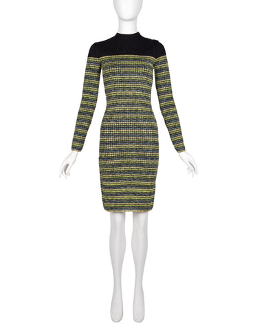 Jean Paul Gaultier Vintage AW 1990 Green Blue Black Gold Sparkly Striped Knit Mini Dress
