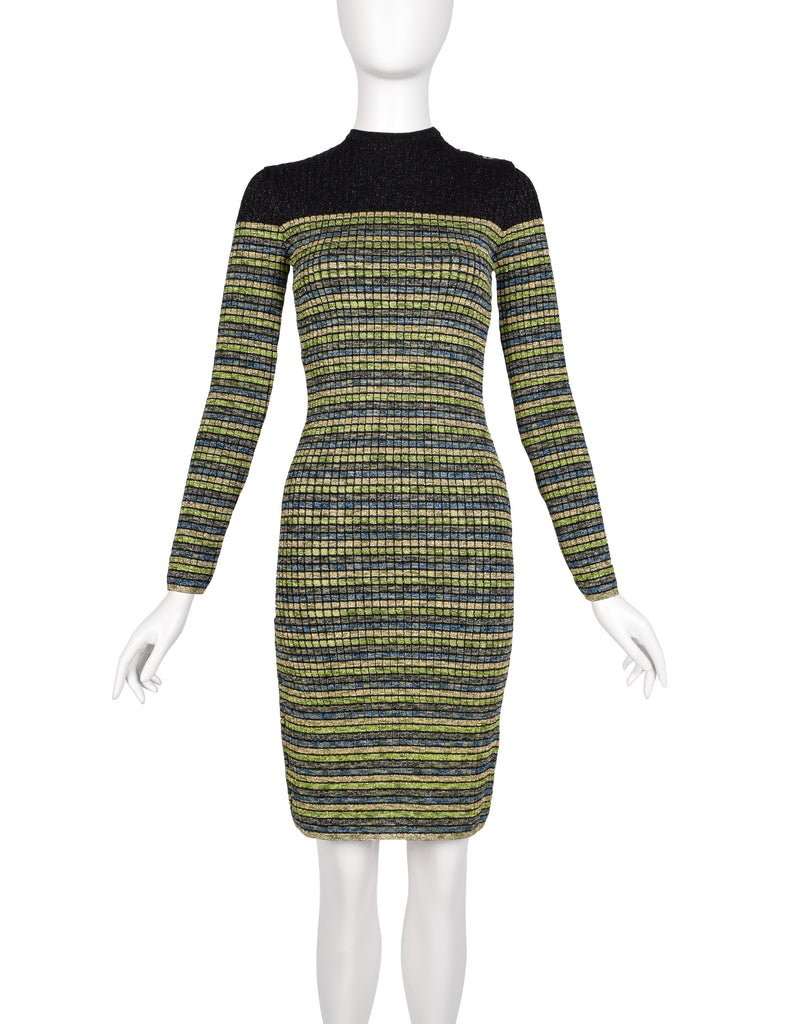 Jean Paul Gaultier Vintage AW 1990 Green Blue Black Gold Sparkly Strip Amarcord Vintage Fashion Jean Paul Gaultier Vintage AW 1990 Green Blue Black Gold Sparkly Strip Amarcord Vintage Fashion