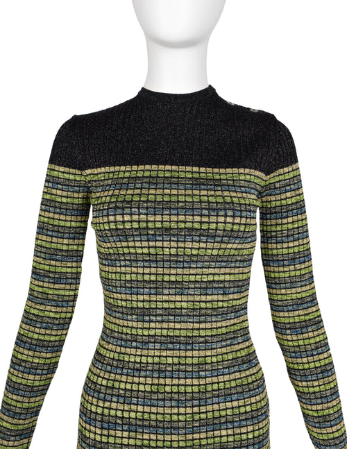 Jean Paul Gaultier Vintage AW 1990 Green Blue Black Gold Sparkly Strip Amarcord Vintage Fashion Jean Paul Gaultier Vintage AW 1990 Green Blue Black Gold Sparkly Strip Amarcord Vintage Fashion