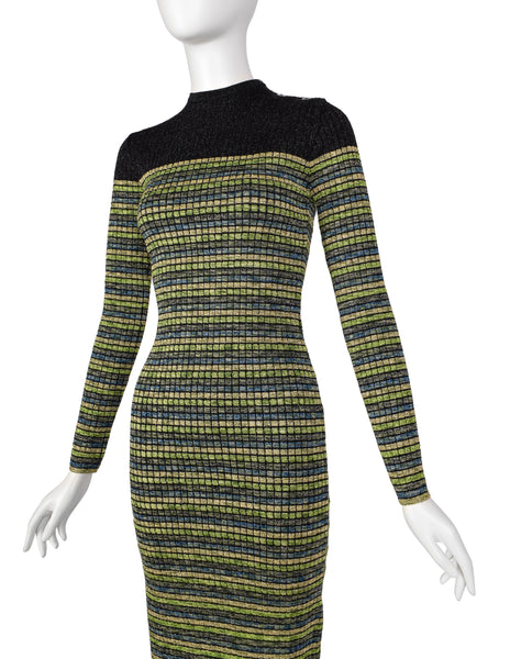 Jean Paul Gaultier Vintage AW 1990 Green Blue Black Gold Sparkly Striped Knit Mini Dress