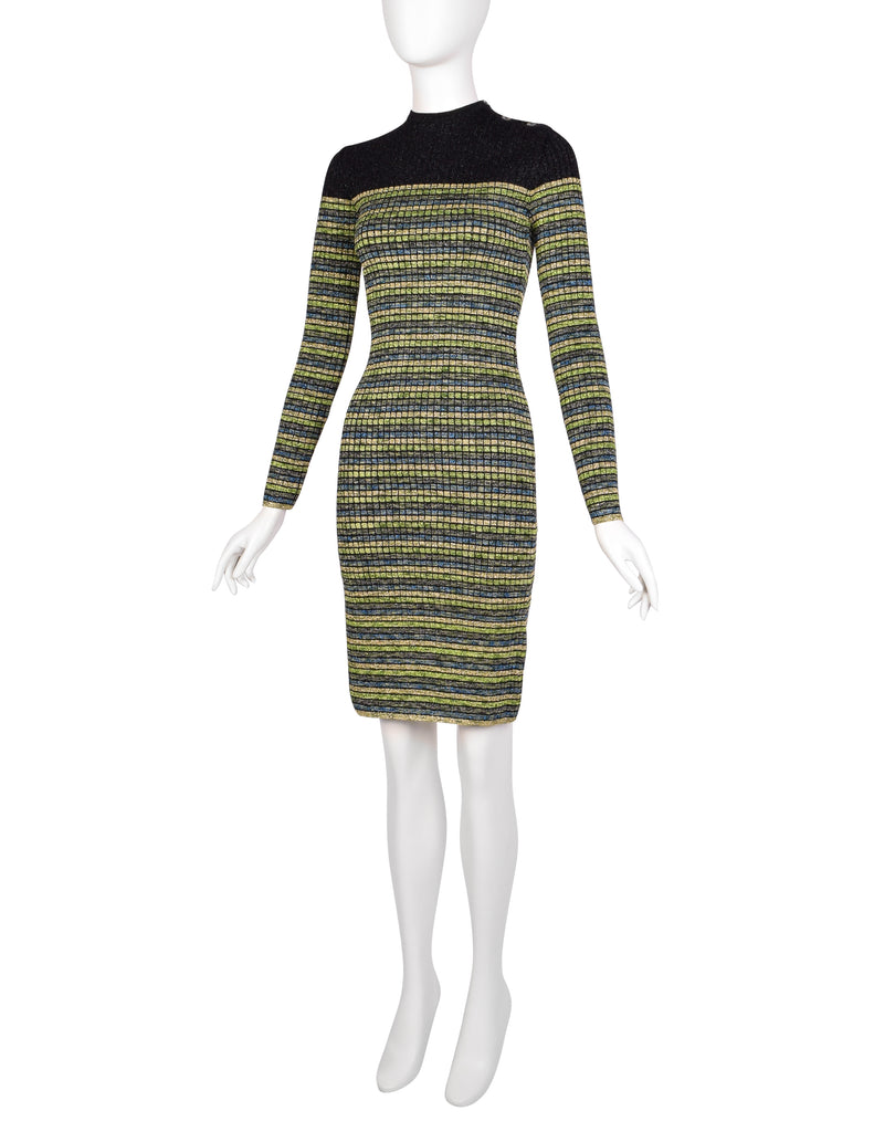 Jean Paul Gaultier Vintage AW 1990 Green Blue Black Gold Sparkly Strip Amarcord Vintage Fashion Jean Paul Gaultier Vintage AW 1990 Green Blue Black Gold Sparkly Strip Amarcord Vintage Fashion