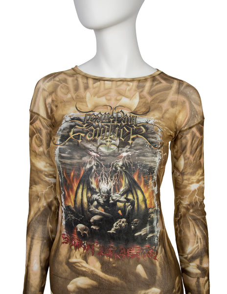 Jean Paul Gaultier Vintage SS 2001 Satanic Skull Print Graphic Mesh Top