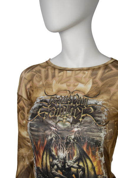 Jean Paul Gaultier Vintage SS 2001 Satanic Skull Print Graphic Mesh Top