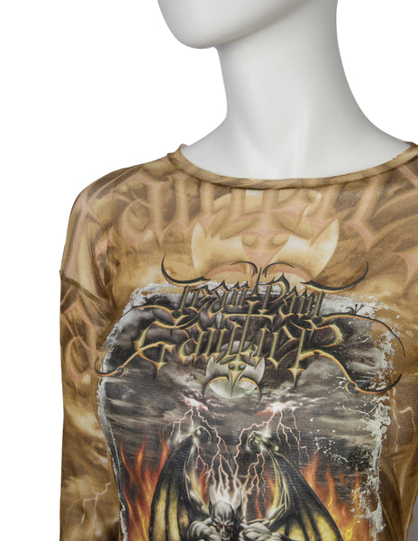 Jean Paul Gaultier Vintage SS 2001 Satanic Skull Print Graphic Mesh Top
