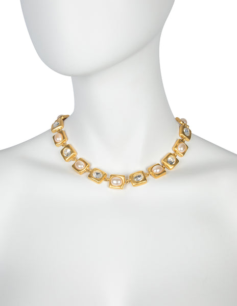 Givenchy Vintage Golden Satin Pearl Rhinestone Necklace