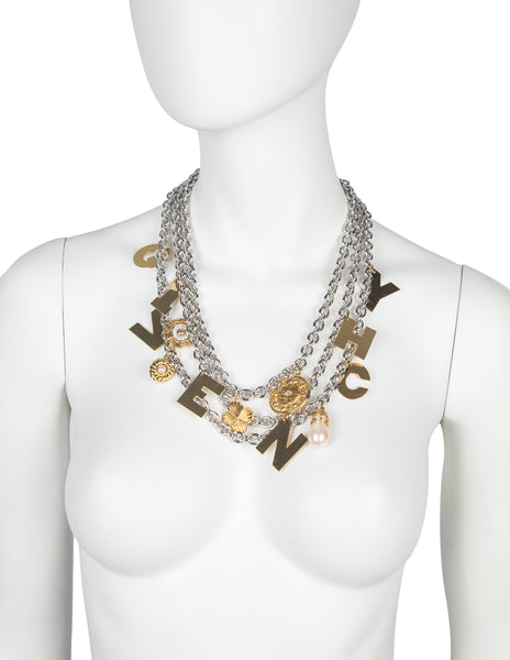 Givenchy Vintage Rare Silver and Gold Namesake Letter Charm Multi Chain Statement Necklace