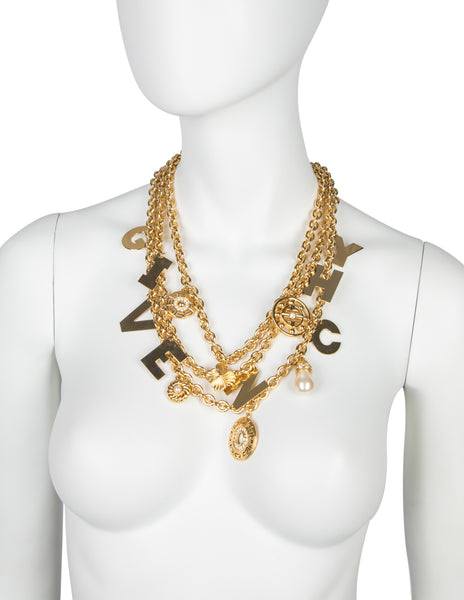 Givenchy Vintage Rare Gold Namesake Letter Charm Multi Chain Statement Necklace