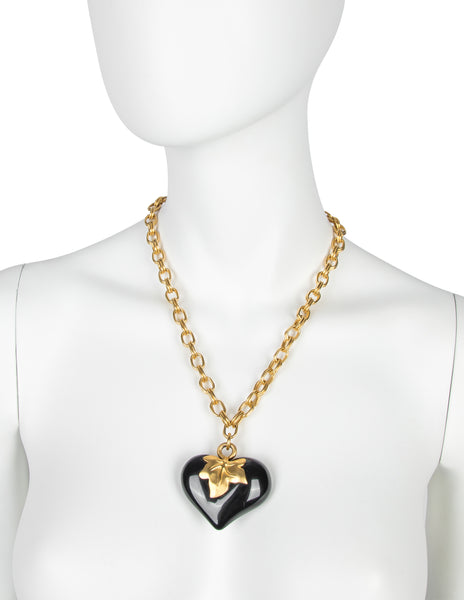 Givenchy Vintage Golden Leaf and Black Heart Necklace