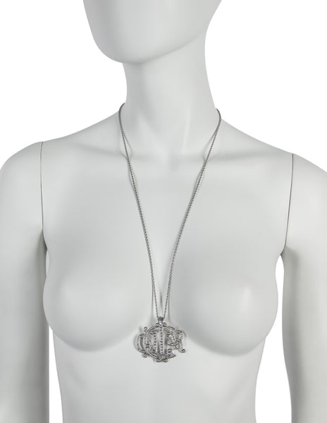 Christian Dior Vintage Silver Rhinestone Monogram Pendant Necklace