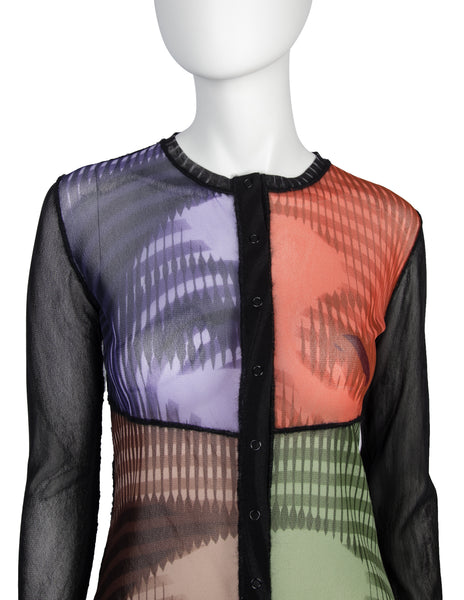 Jean Paul Gaultier Vintage AW 2001 Greta Garbo Quad Face Print Sheer Mesh Snap Cardigan Top