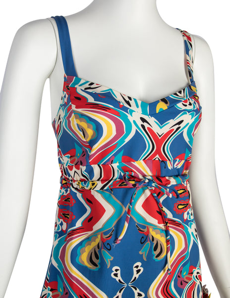 John Galliano Vintage Blue Multicolor Print Mini Dress